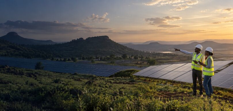 Illustrative solar panels and West African engineers in a Guinea-inspired highland landscape